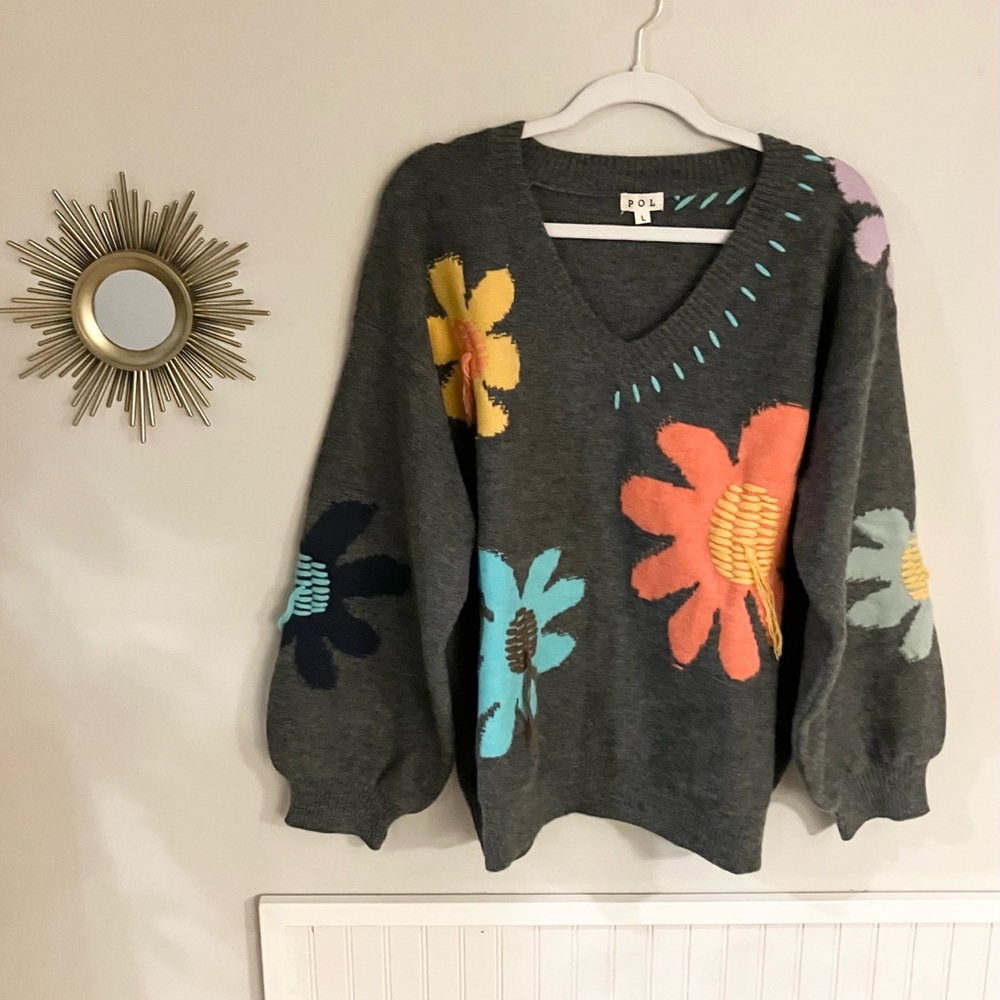 NWOT POL Gray Sweater with Colorful Floral Design and Stitched Detailing